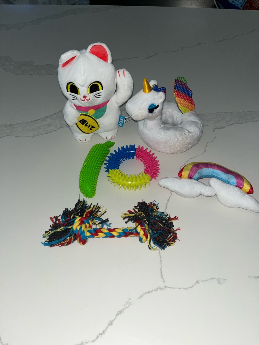White Plush Maneki Neko and Unicorn dog Toy Set - Colorful Rainbow Accents